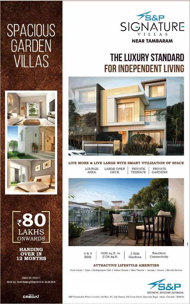 The luxury standard for independent living at S And P Signature Villas, Chennai